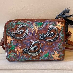 🐦 Mini Crossbody Bag Purse Handpainted OOAK Travel Wallet ID Pouch Brown w Birds